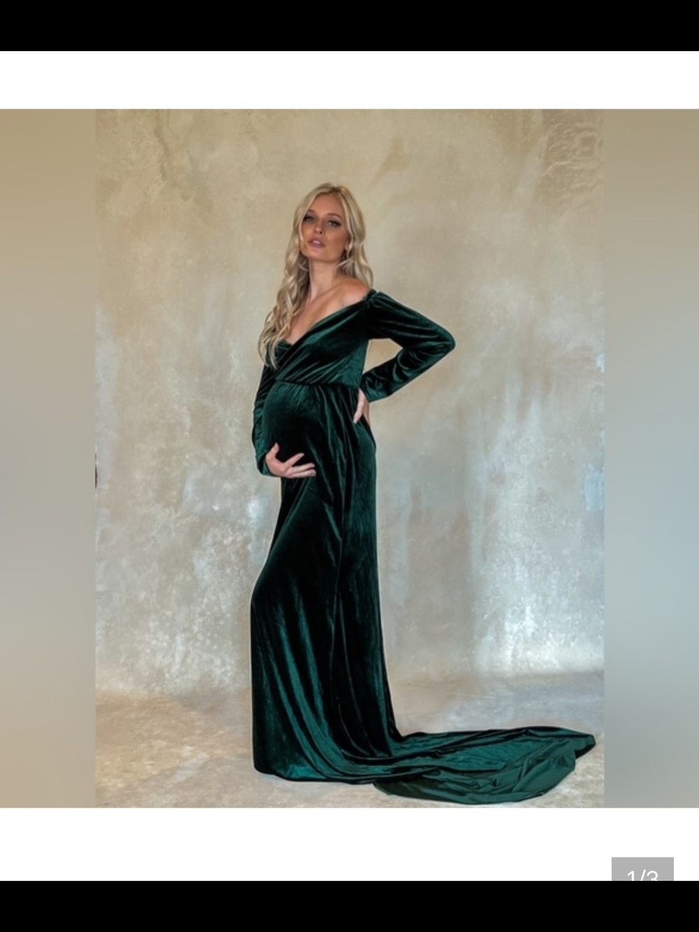 Elegant Off-Shoulder Velvet Maternity Gown in Deep Green
